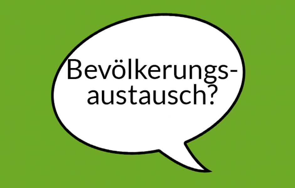 Weiße Sprechblase auf hellgrünem Grund mit Aufschrift "Bevölkerungsaustausch""