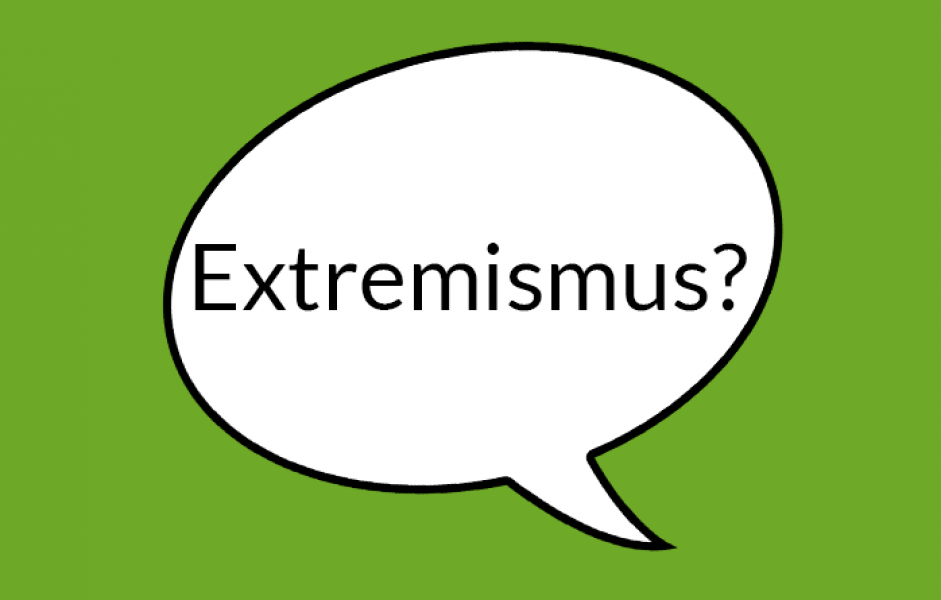 Weiße Sprechblase auf hellgrünem Grund mit Aufschrift "Extremismus"