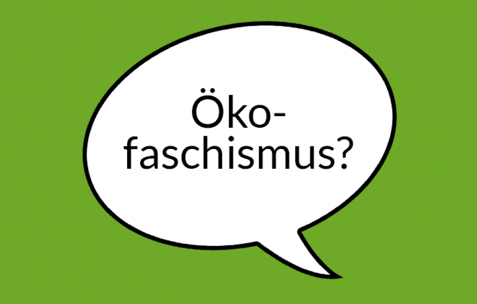 Weiße Sprechblase auf hellgrünem Grund mit Aufschrift "Ökofaschismus"
