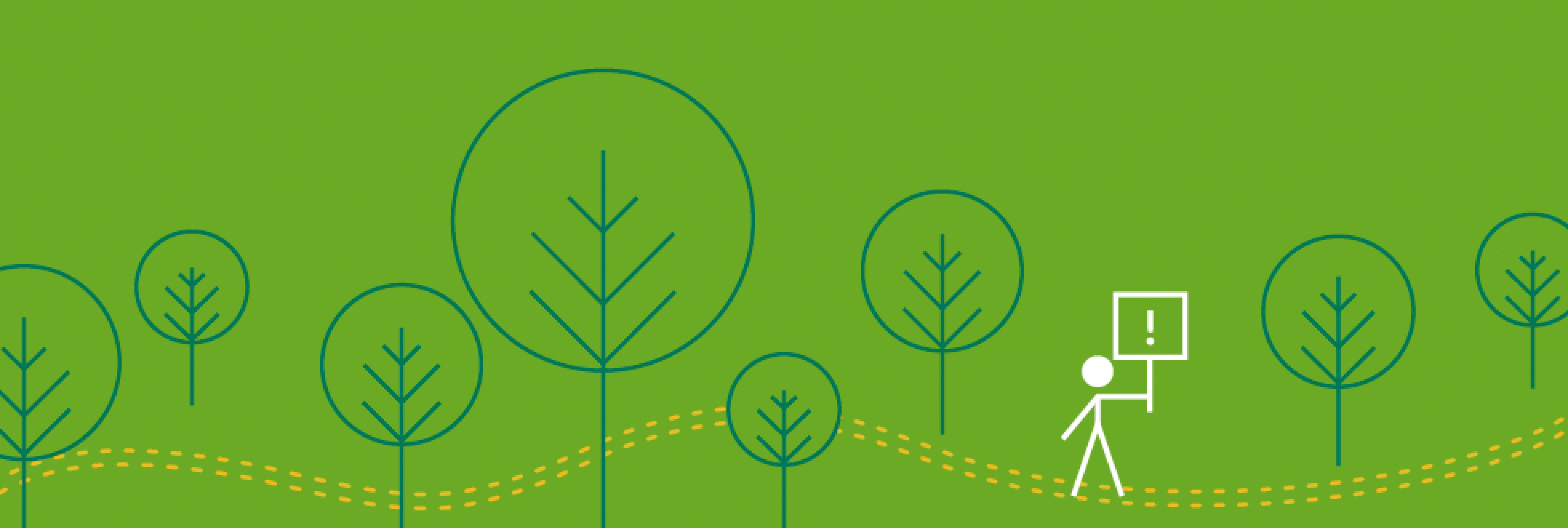 Headerbild mit stilisierten Bäumen und einem Strichmännchen, das ein Schild mit Ausrufezeichen trägt, auf grünem Hintergrund