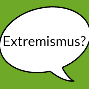 Weiße Sprechblase auf hellgrünem Grund mit Aufschrift "Extremismus"